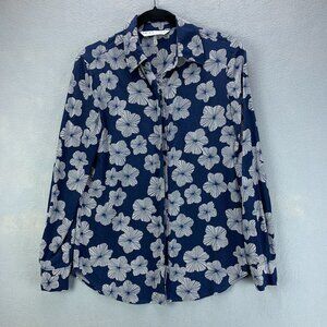 Trina Turk Blouse Womens Extra Small Blue Silk Button Up Long Sleeve Woven